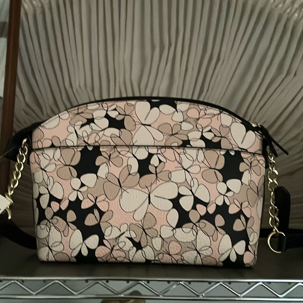 Anne Klein Signs of Spring Pale Pink Floral Crossbody Bag with Black Strap 12”